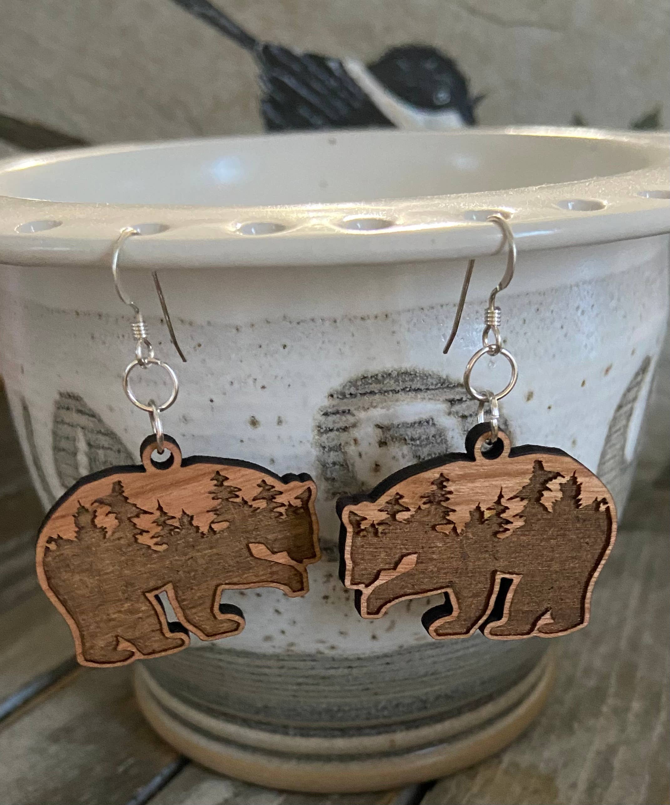 Chickadee Creations - Wholesale Dangle Earrings - Cherry wood earrings, engraved trees in bear shape1