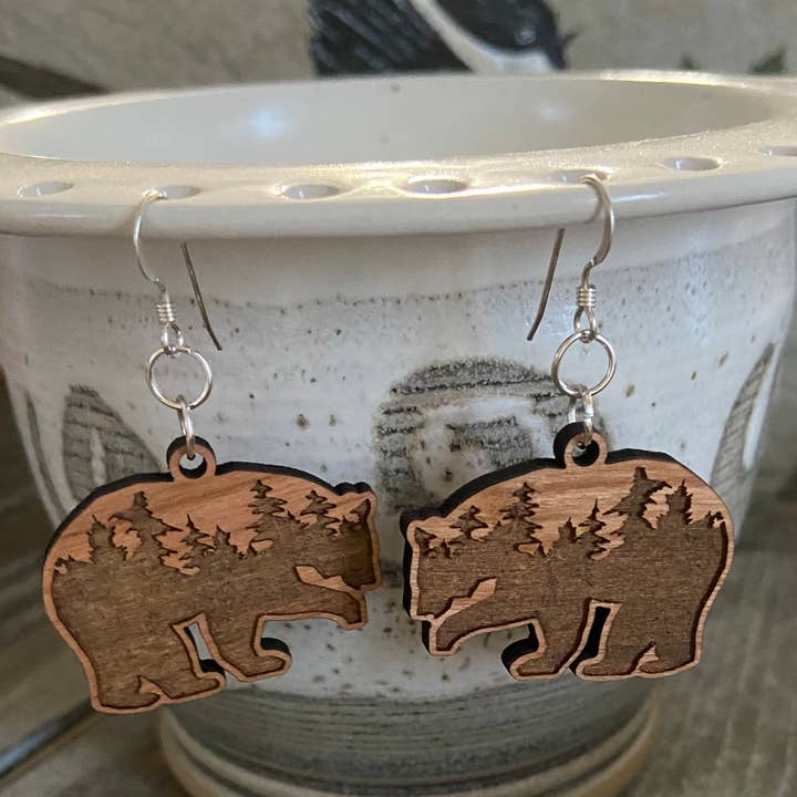 Chickadee Creations - Wholesale Dangle Earrings - Cherry wood earrings, engraved trees in bear shape1