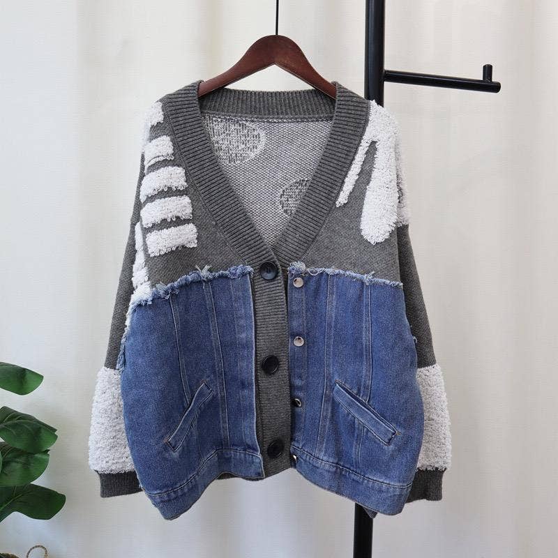 Productseeker - Wholesale Knit Top - Women's - JK104 Patchwork Denim Knitted Cardigan Sweater Jacket0