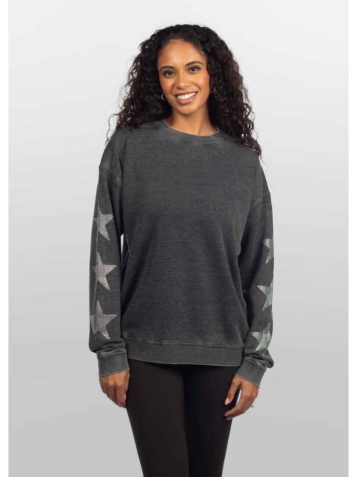 chicka-d - Wholesale Sweatshirt - Women's - Burnout Crew Sweatshirt with Rhinestone Stars, All colors