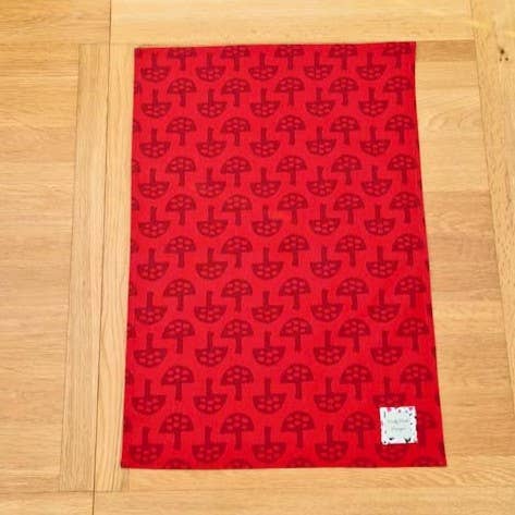 Organic Cotton Tea Towel - Glen Tanar Mushrooms Pale Berry for wholesale by Nicky Web Designs