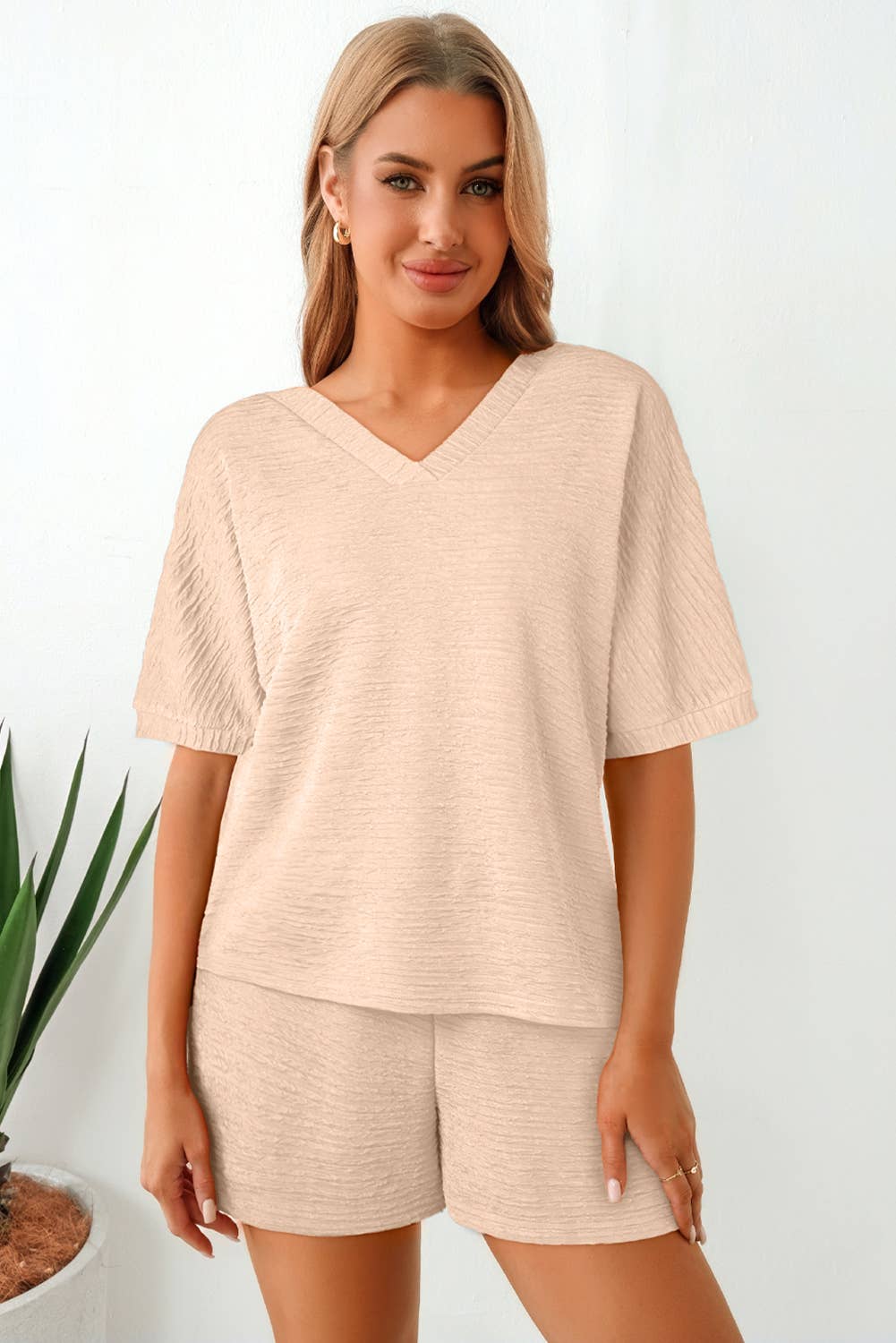 LA Society - Wholesale Lounge Set - Women's - Textured V-Neck Tee and High Waist Shorts Lounge Set2