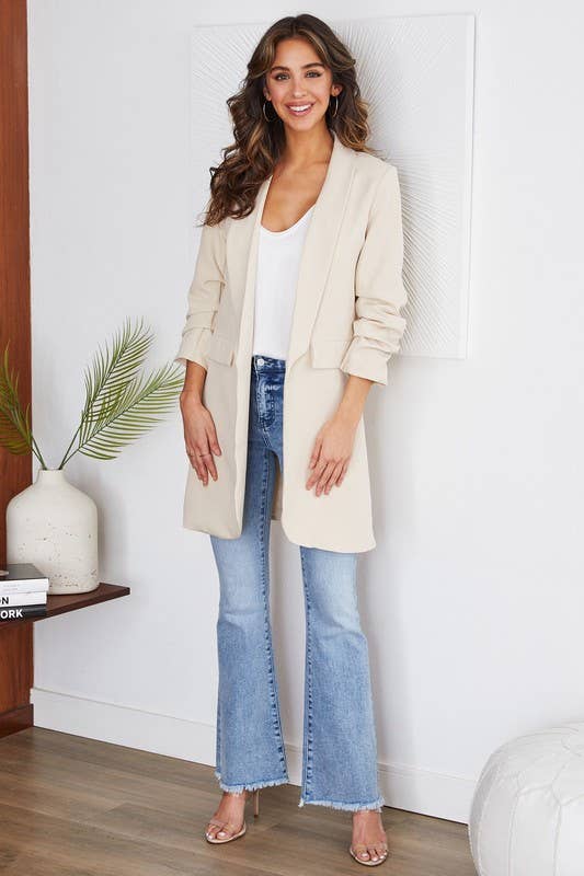 VENTI6 - Wholesale Blazer - Women's - SOLID RUCHED SLEEVE BOYFRIEND BLAZER (81255-SOLID)31