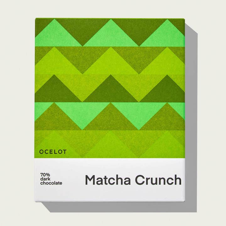 Matcha Crunch - Organic 70% dark chocolate bar, 70g for wholesale by Ocelot Chocolate