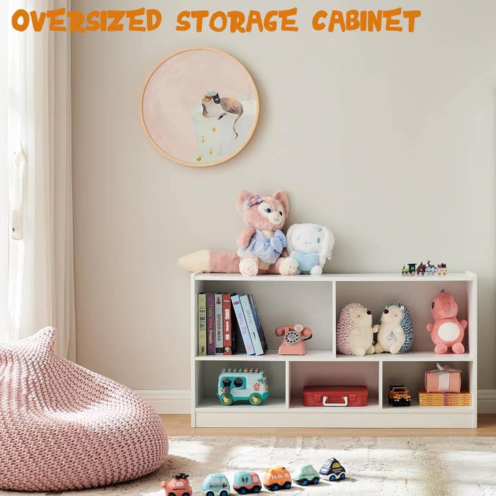 White Wooden Toy Organizer and Bookshelf 5 Section Kid Storage for wholesale on Faire2