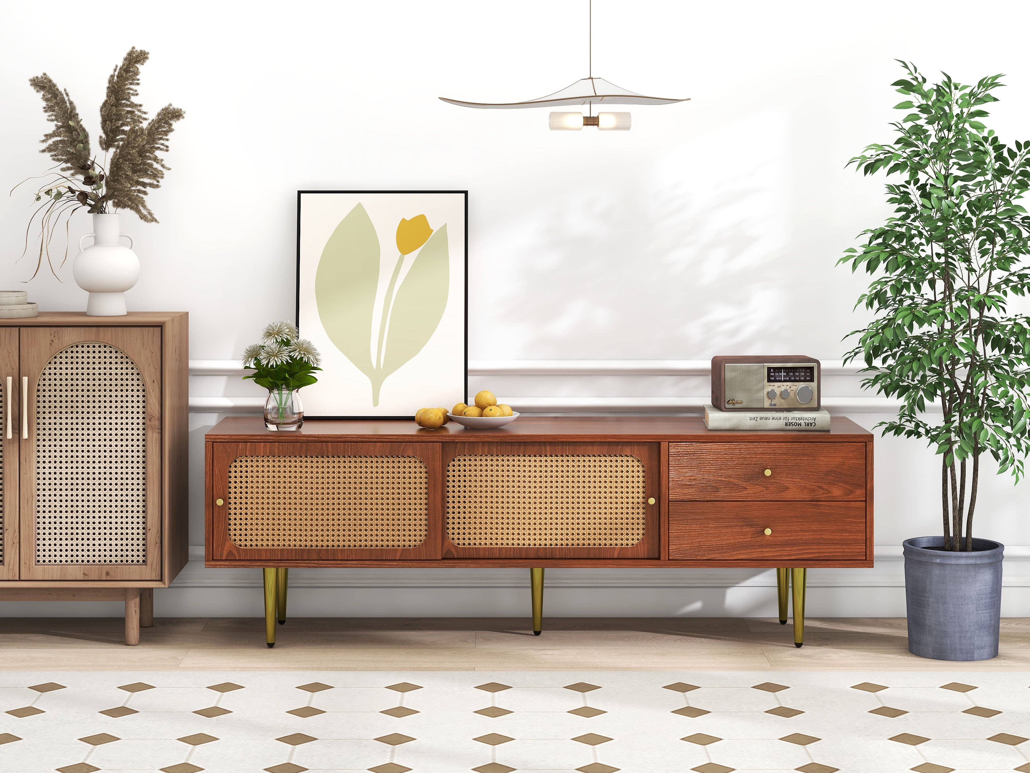 Urban Meuble - Wholesale Console Table - Dark wood effect rattan TV stand with 2 sliding doors, 2 drawers, and gold legs IZEID21