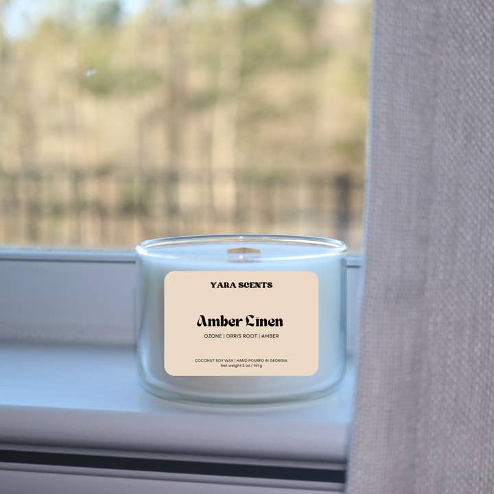 AMBER LINEN | Wood Wick Coconut Soy Candle for wholesale by Yara Scents