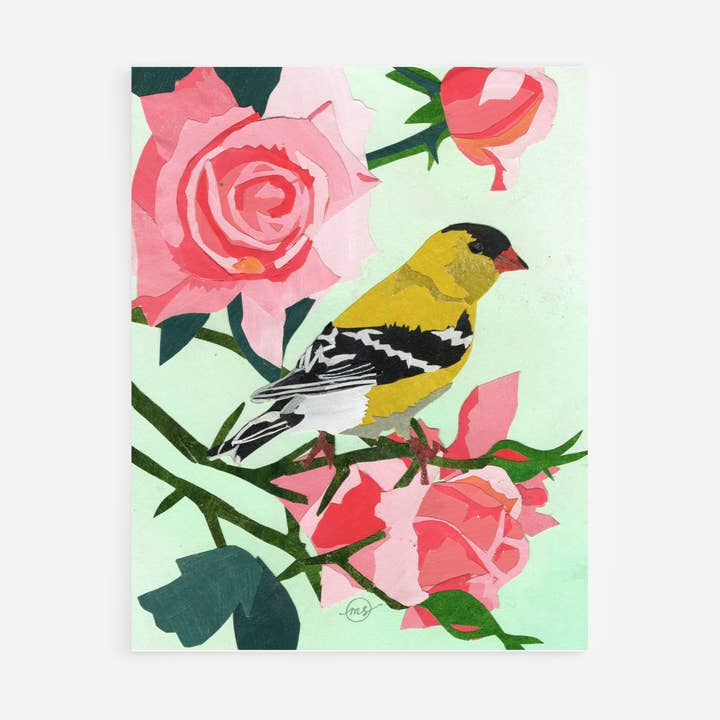 Tarjeta de nota de jilguero y rosa para venta al por mayor de Mandy Warhol Fine Art