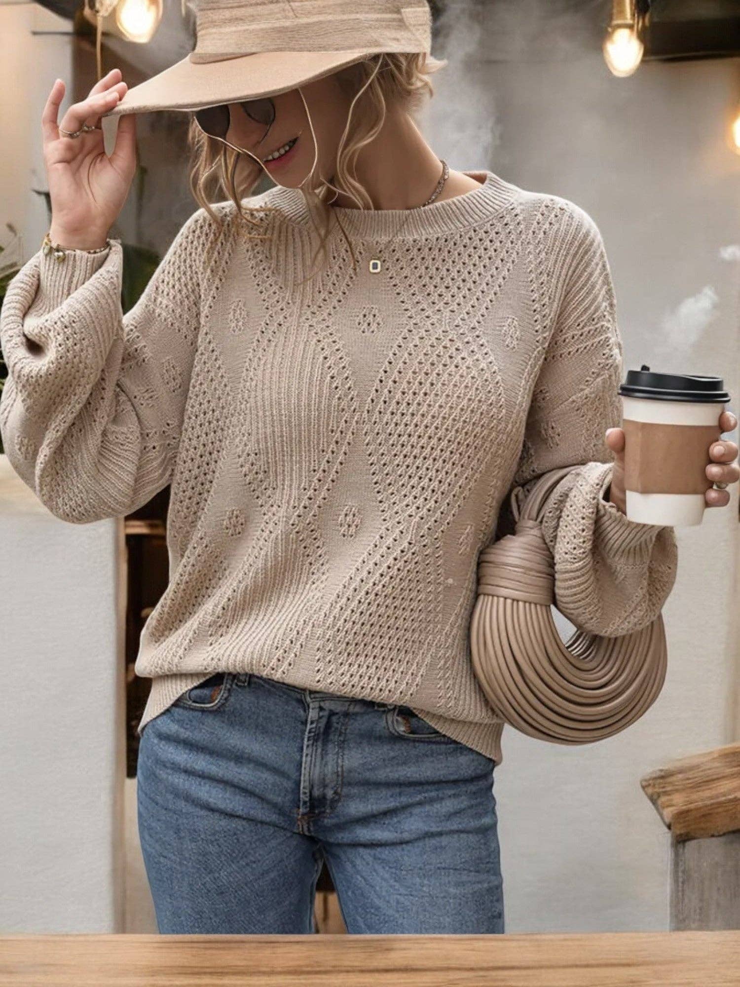 Khaki Textured Knit Sweater with Balloon Sleeves and Crew Neck for wholesale on Faire3