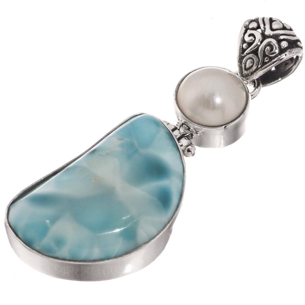 FifiRose - Wholesale Pendant/Charm Necklace - 925 silver large blue larimar white mabe ocean pearl sterling pendant, 21