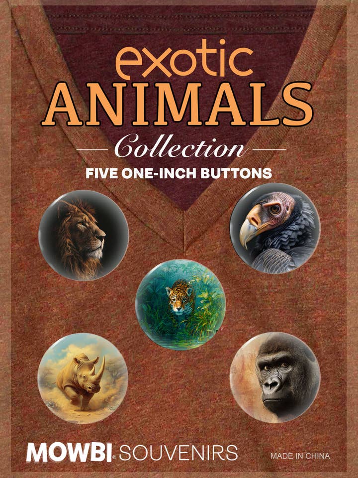 Zoo Animals Button Collection #3 – Lion, Vulture, Leopard, Rhinoceros, & Gorilla for wholesale by Mowbi Souvenir