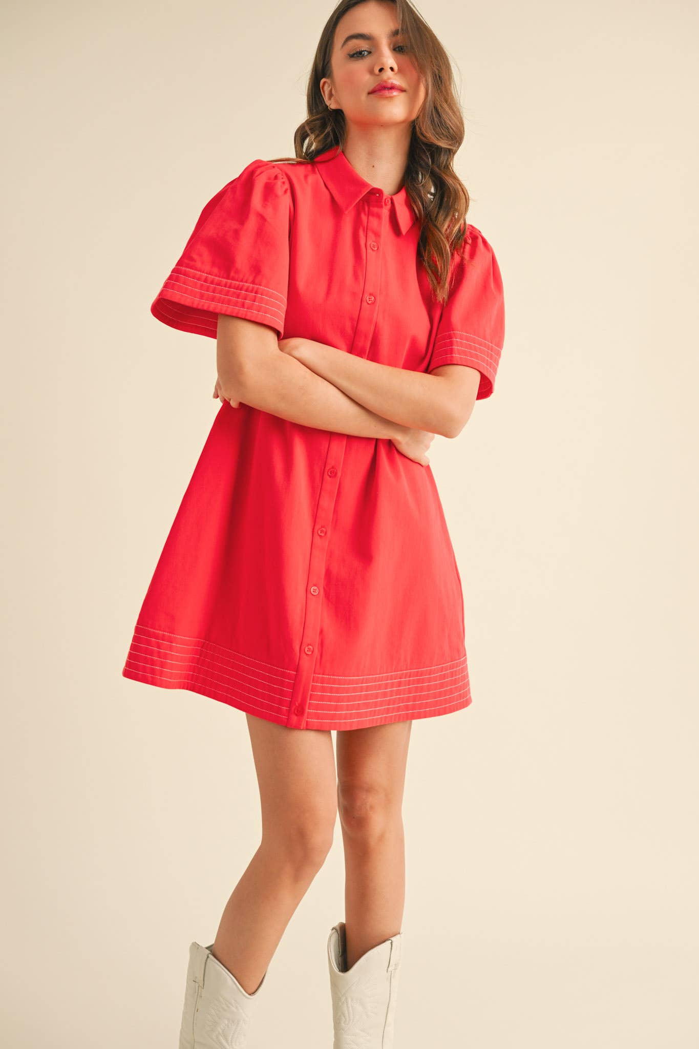 &MERCI - Wholesale Dress - Women's - SHORT SLEEVE BUTTON DOWN MINI DRESS MDR35727