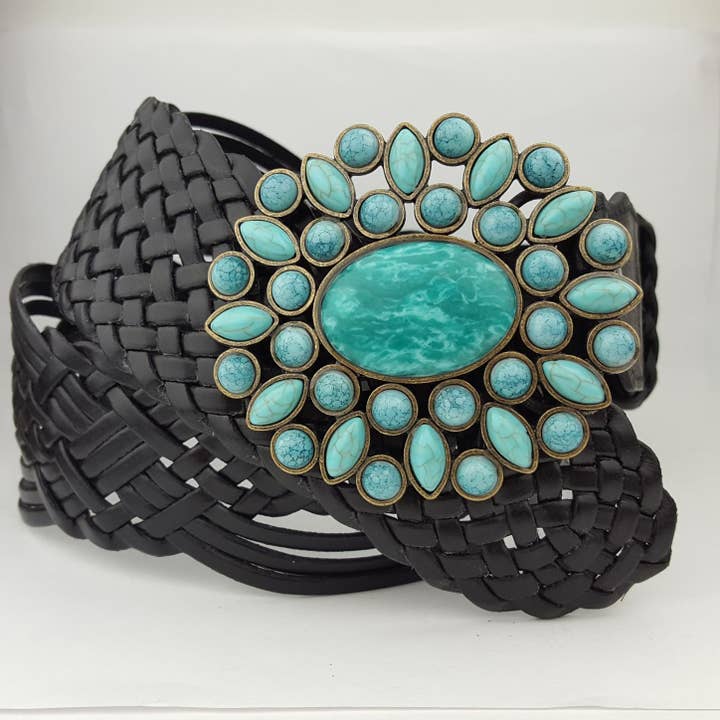 Axesoria West - Wholesale Belt – Women's - Hand Braided Leather Belt with Turquoise Style Buckle brass7