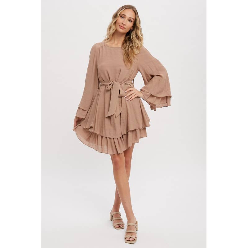 Pink Irene Wholesale - Wholesale Dress - Women's - LONG BELL SEEVE SELF TIE RUFFLE HEM SOLID DRESS9