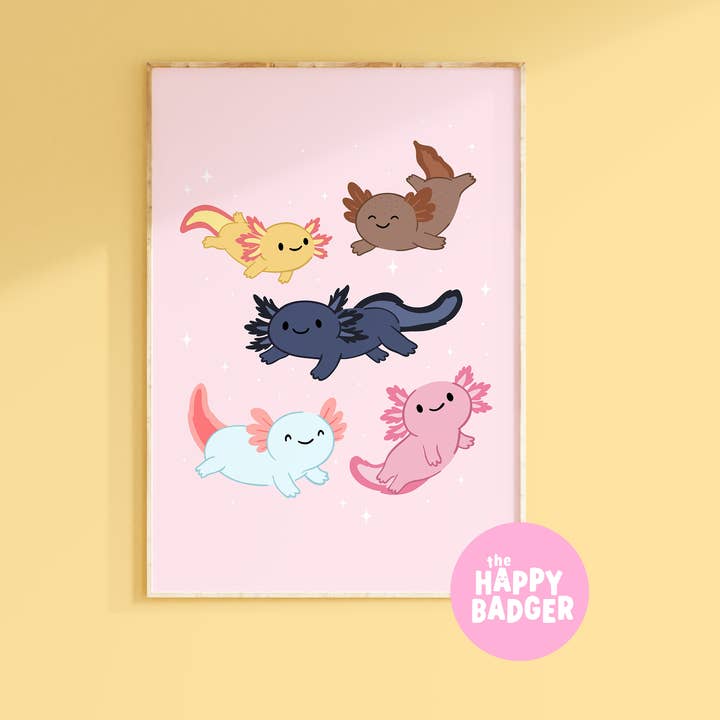 Axolotl Illustration Print for wholesale by The Happy Badger