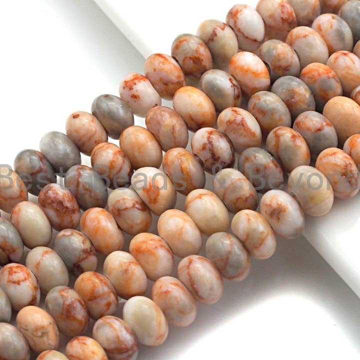 Grânulos de jaspe de rede vermelha natural de orifício grande de 2 mm, Rondelle liso 6x10mm/5x8mm, 8 “Fios longos, sku #U705 por atacado de BestBeads&Beyond