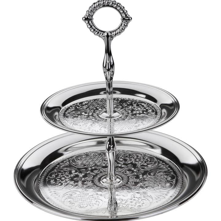 Corbell Silver - Wholesale Cake Stand - Queen Anne Two Tiered Engraved Cake Stand 10"dia x 10 1/2"h English Silver Plate (Tarnish Resistant). SKU #: 0/6074.