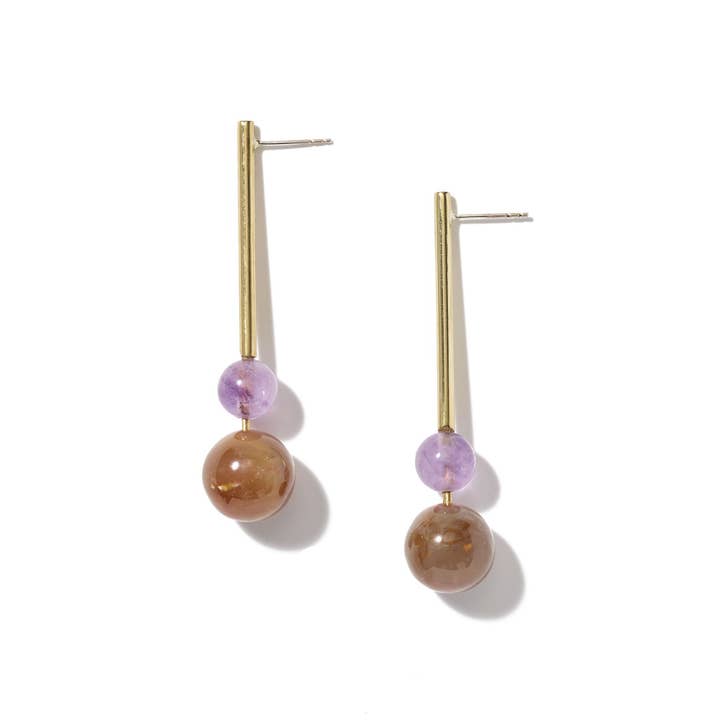 Orecchini a doppia goccia Kamali - Legno pietrificato+ametista per la vendita all'ingrosso da parte di Raven + Lily