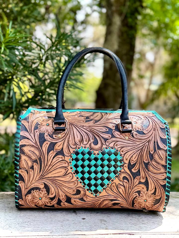 Tooled Leather Turquoise Black Checkered Heart Speedy Bag for wholesale by Southern Junkie Gypsy Boutique