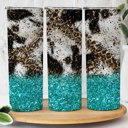 Cow Leopard Teal Glitter 20oz Sublimation Tumbler for wholesale by Twisted T Creations