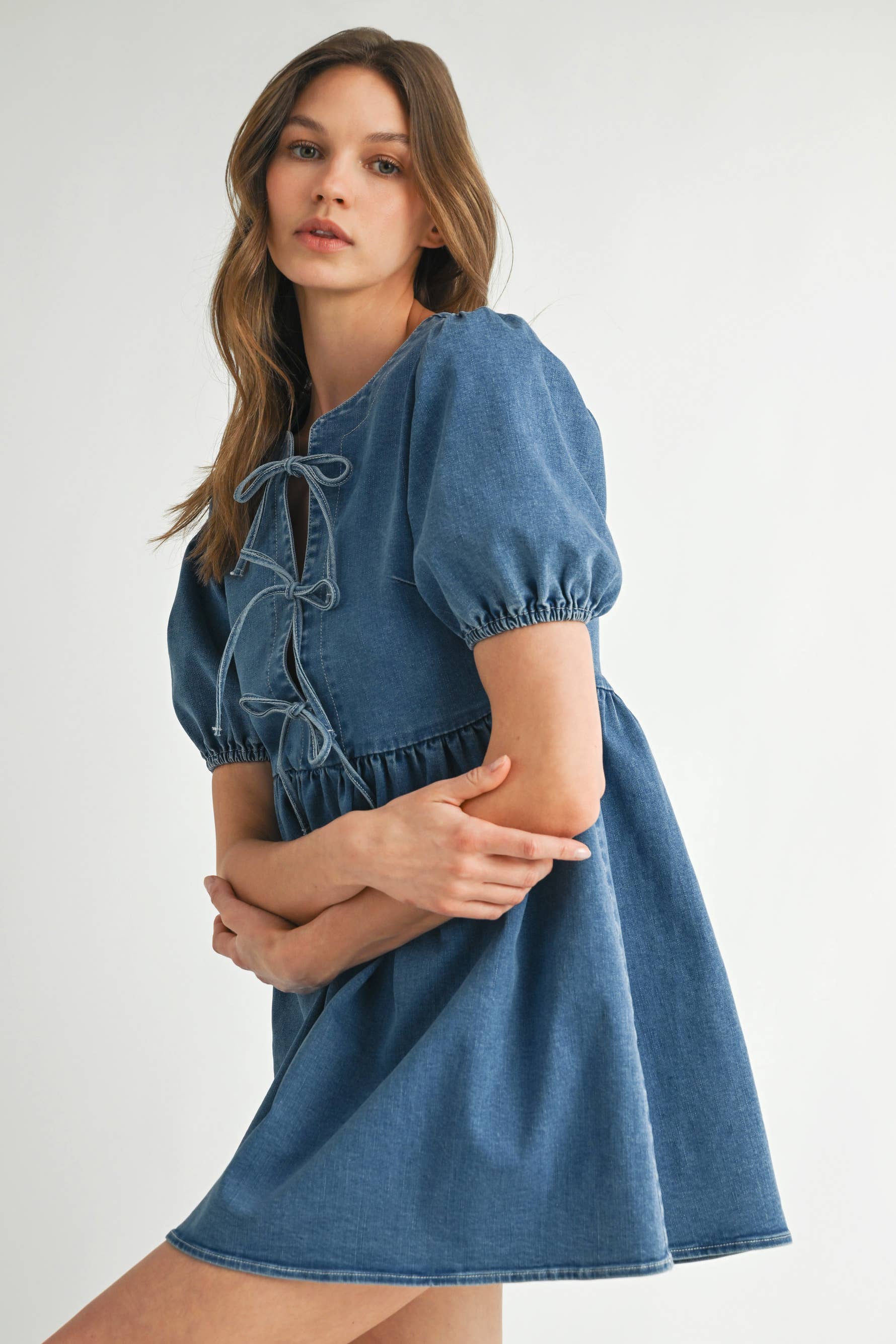 STONE WASH BLUE AD1727 Bow Detail Denim Mini Dress for wholesale on Faire1