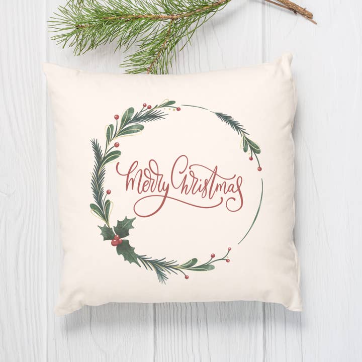Merry Christmas Holly Wreath Pillow Cover for wholesale by Go Charlotte
