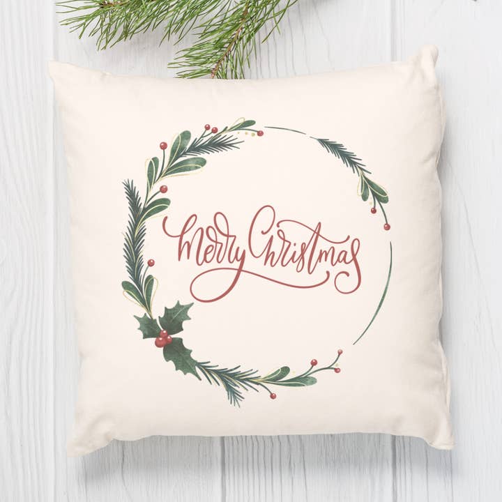 Go Charlotte - Wholesale Throw Pillow Cover - Merry Christmas Holly Wreath Pillow Cover