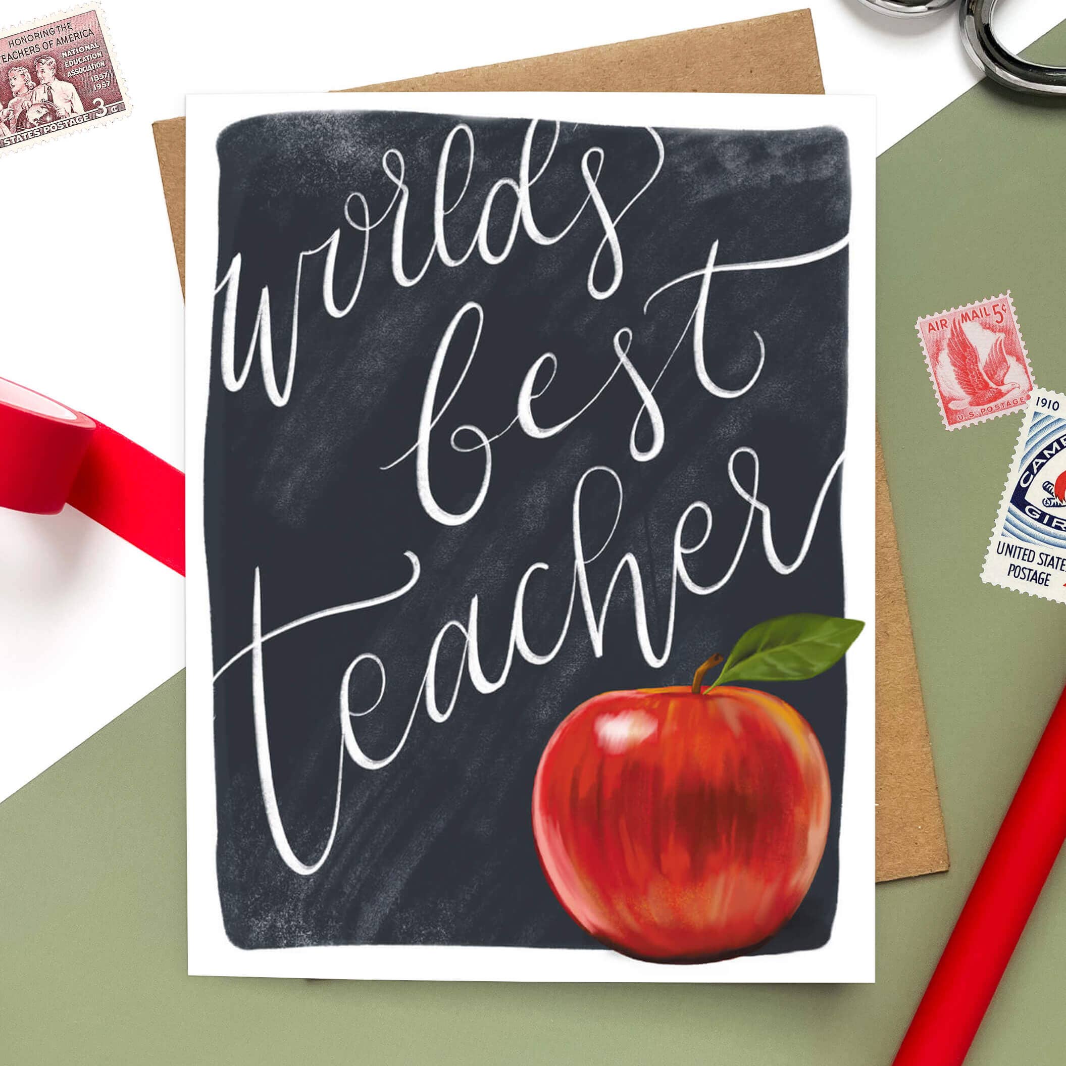 Morgan Swank Studio - Wholesale Teacher/Back-to-School Card - Apple and Chalkboard Best Teacher Card1
