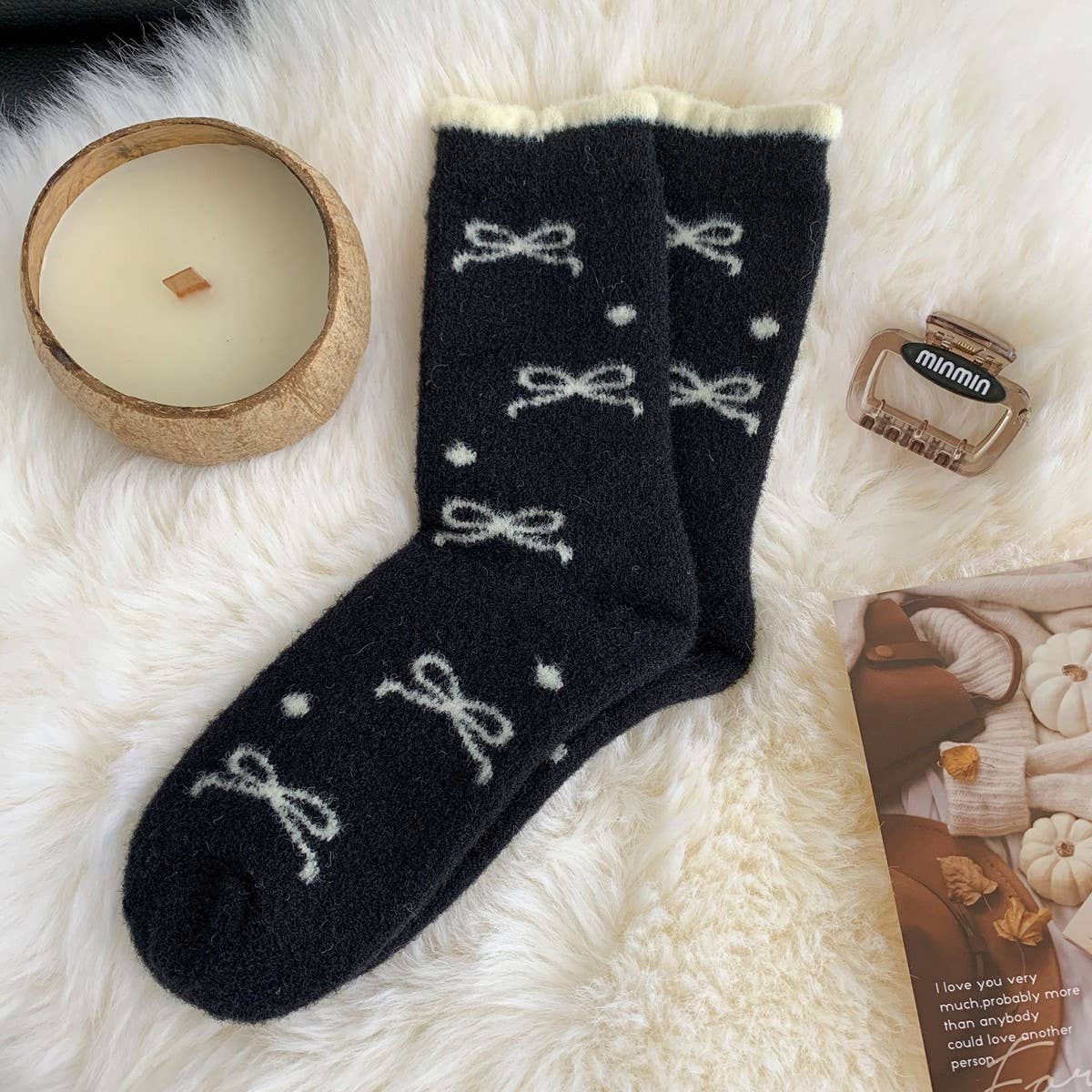 ACCITY - Wholesale Socks - Women's - Bow Polka Dot Socks Women Winter Plush Warm_CWMS028690