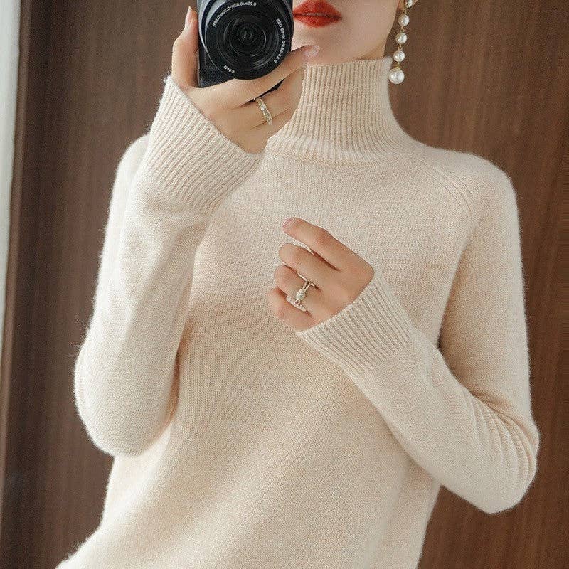 FurDecoration - Wholesale Knit Sweater - Women's - Solid Color Minimalist High Neck Loose Fit Chunky Knit Sweater4