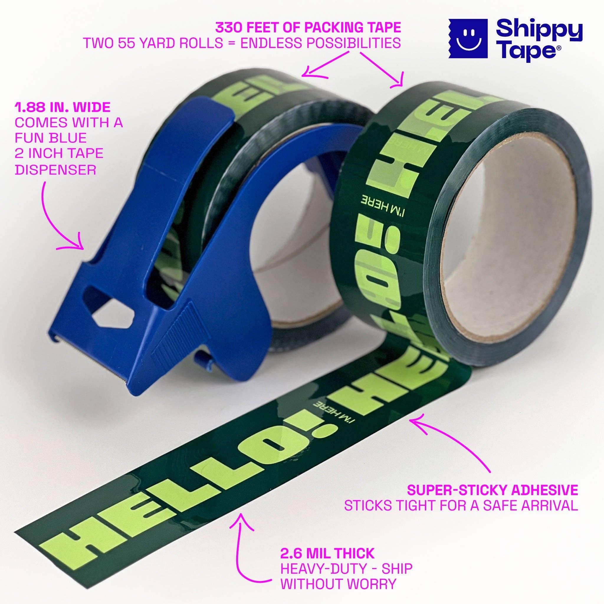 Shippy Tape - Venta al por mayor Papel celofán - ¡Hola! Cinta de Envío I'm Here - Verde Oscuro (2 Rollos + Dispensador)2