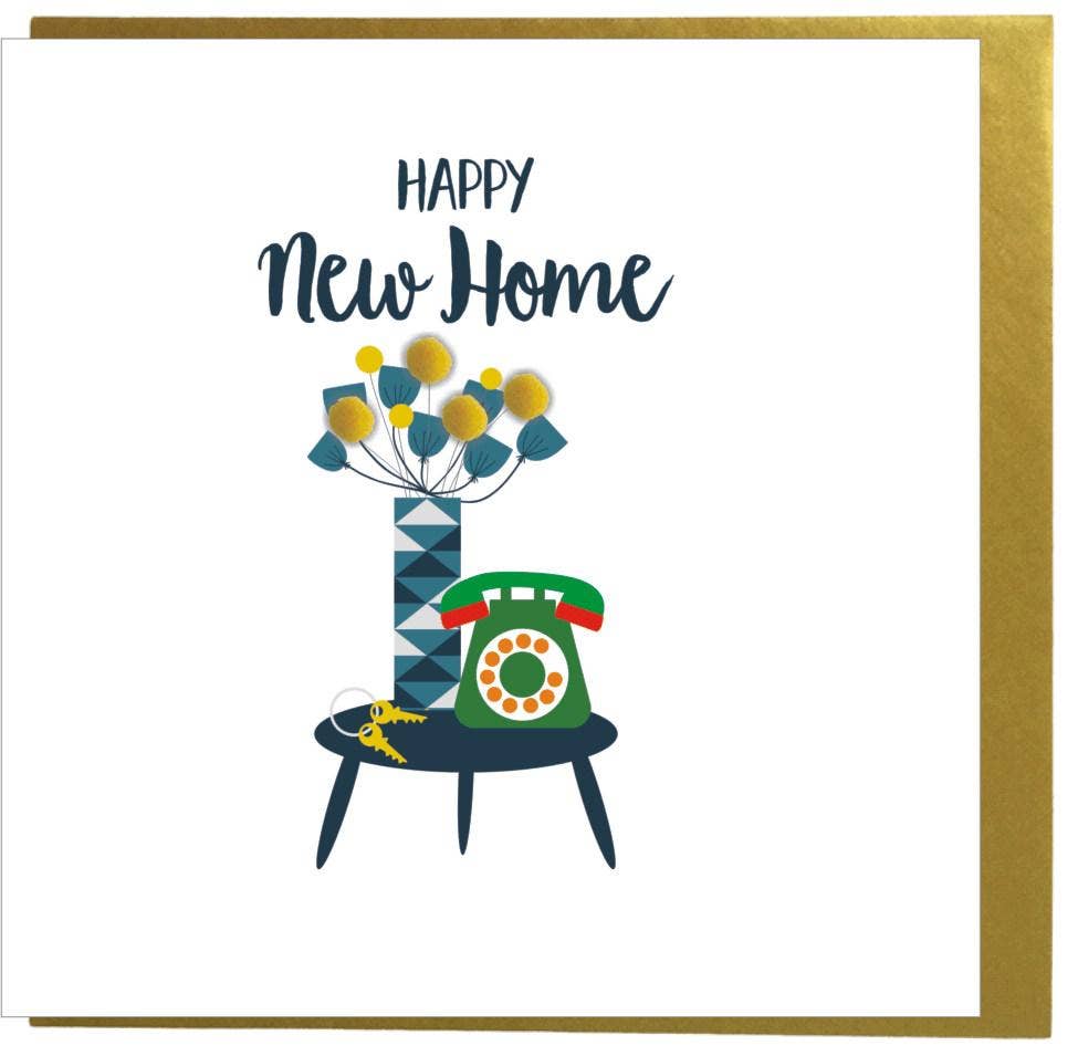 Claire Giles Ltd - Venta al por mayor Tarjetas de felicitación - Tarjeta de casa nueva, flores y teléfono, nueva casa, adornada con pompones de colores2