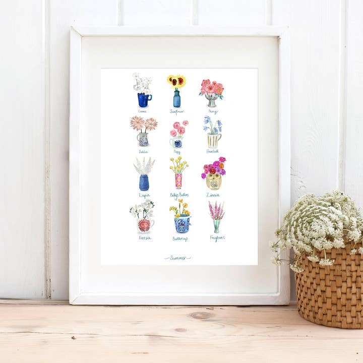 Stampa artistica da parete con fiori estivi, motivo botanico, formato A4 per la vendita all'ingrosso da parte di Sara Sayer