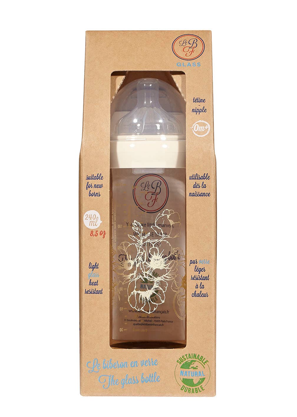 Le Biberon Français – wholesale Baby bottle – 240 ml/8 Oz Glass Baby Bottle - Cotton Blossoms1