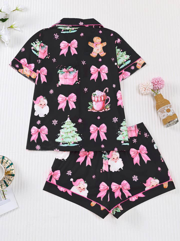 Rosa Clothing - Wholesale Sleepwear Set - Women's - Christmas Santa & Gingerbread Print Short Pajama Set2