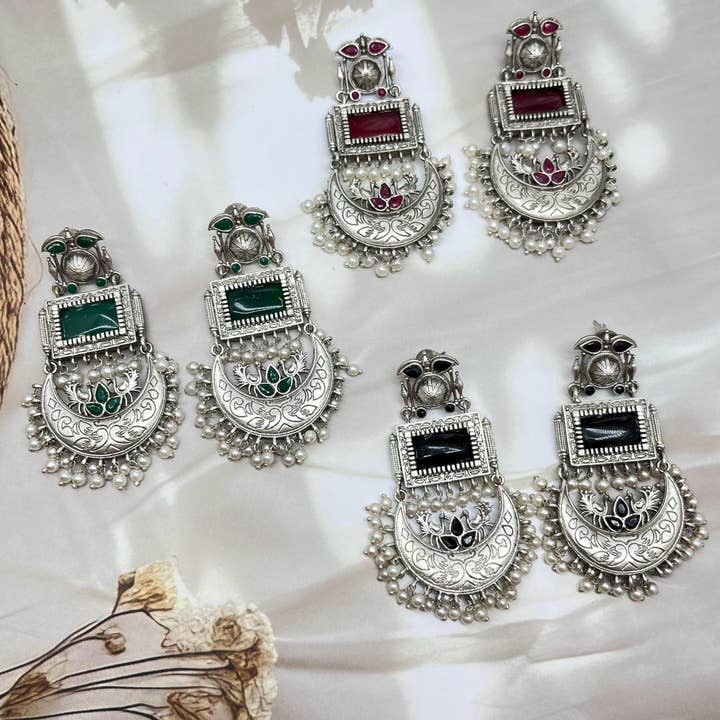 German Silver Long Dangler Earrings with Pearls and Stones for wholesale by Vastrabhushan