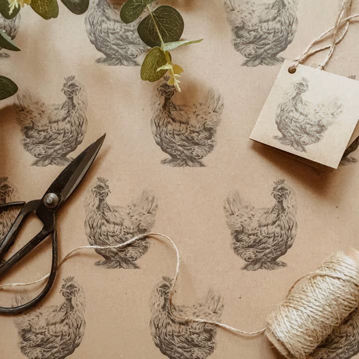 Geschenkpapier und Geschenkanhänger aus recyceltem Hühnchen für den Großhandel von Bruce Bramfield Home & Gifts