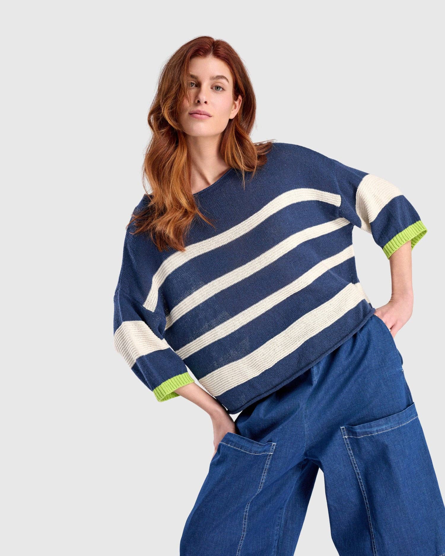 lime Boxy Stripes Sweater, Blue/Cream for wholesale on Faire2