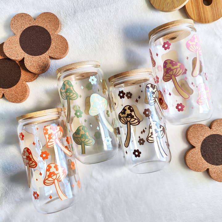 Floral & Mushroom Glass Cups, Retro Beer Cans for wholesale by honeysheshome