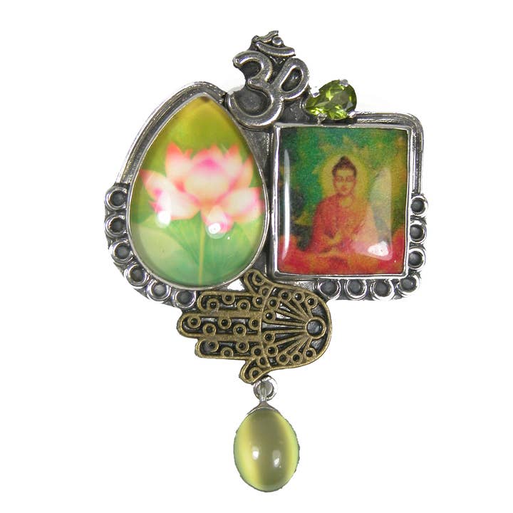 Buddha Tile Moon Stone Peridot Sterling Silver Pin Pendant for wholesale by Amy Kahn Russell
