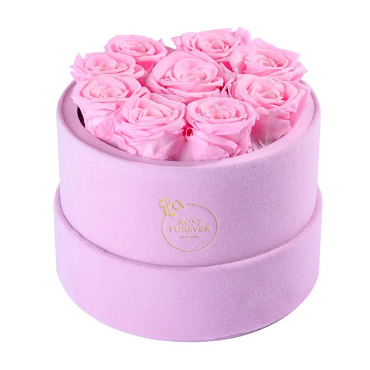 9 Pink Roses Suede – Timeless Floral Box for wholesale by Rose Forever