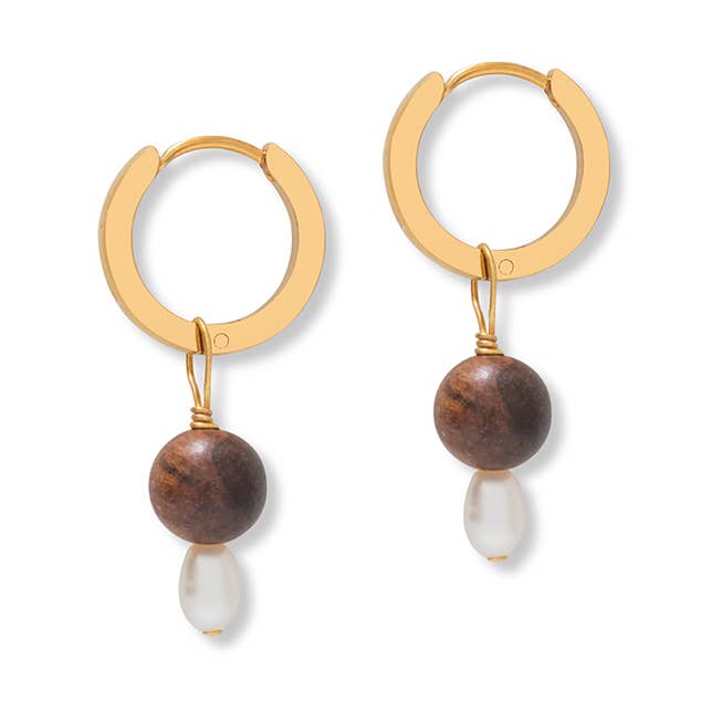Small Pearl & Wooden Hoops for wholesale by A Weathered Penny Jewellery