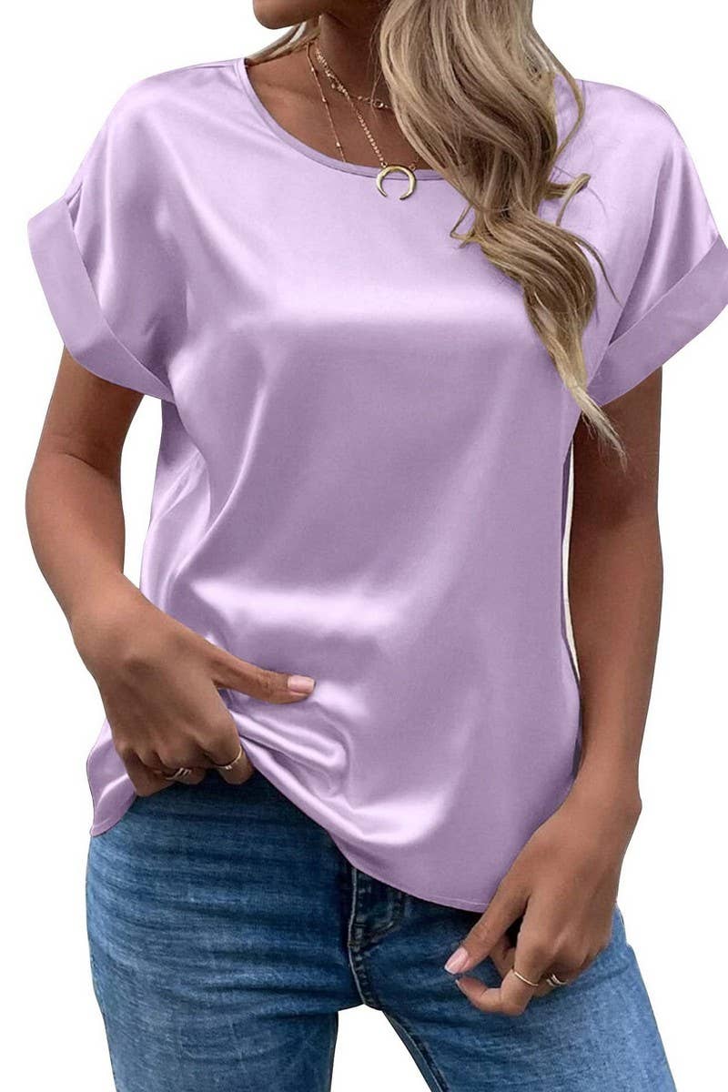 NINEXIS - Wholesale Blouse - Women's - CWTBLS1775_SATIN ROUND NECK LOOSE SHORT-SLEEVED TOP3