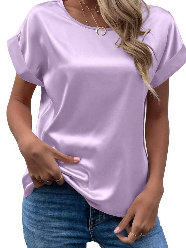 NINEXIS - Wholesale Blouse - Women's - CWTBLS1775_SATIN ROUND NECK LOOSE SHORT-SLEEVED TOP3