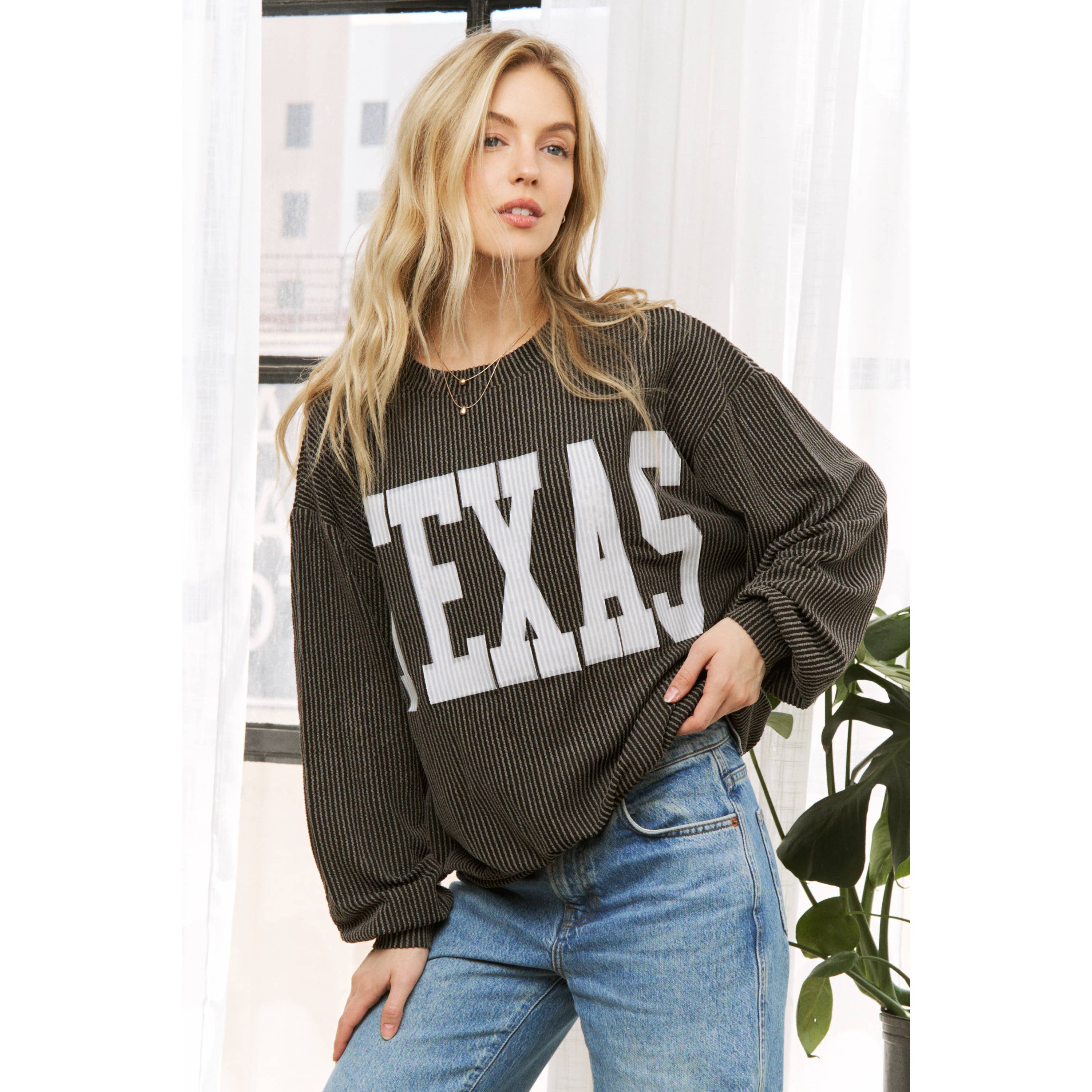 Sweet Generis - Vendita all'ingrosso Top in maglia - Donna - FELPA CON CORDONCINO A COSTINE CON STAMPA TEXANA1