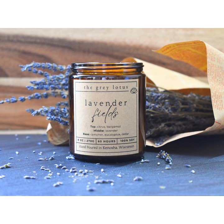 The Grey Lotus - Wholesale Jar/Filled Candle - Lavender Fields 100% Soy Wax Amber Jar Candle - 8 oz