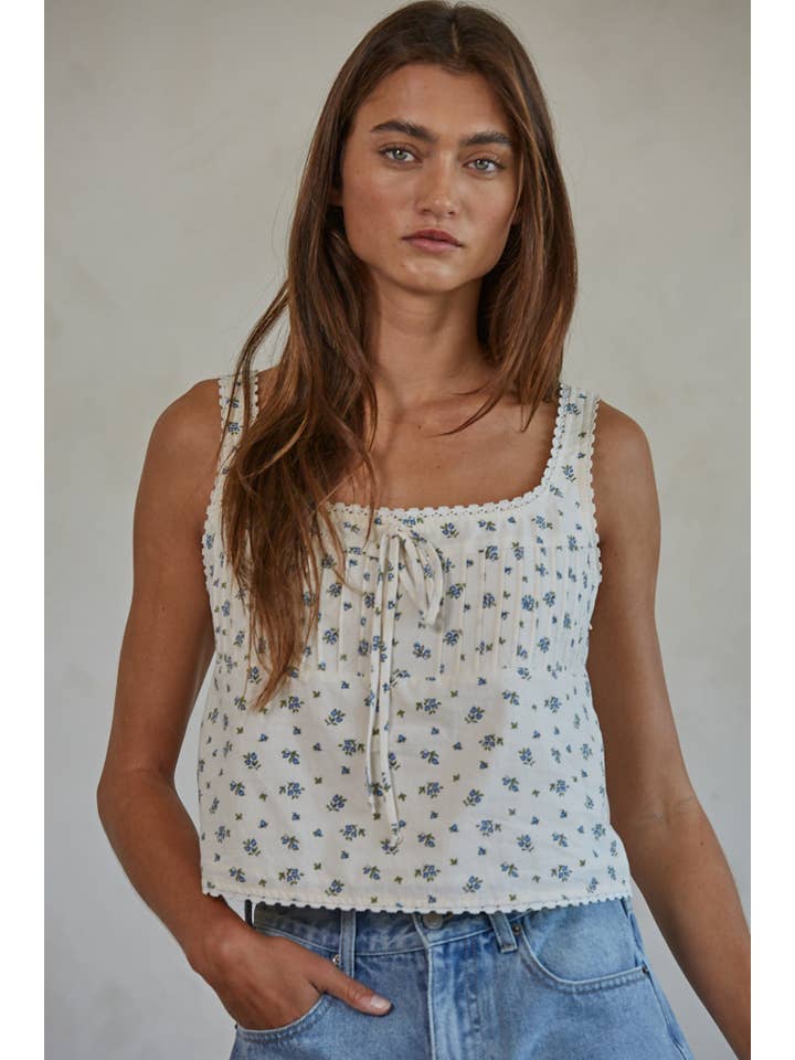 Cream Multi L8268 | Woven Cotton Floral Print Pleated Tank for wholesale on Faire