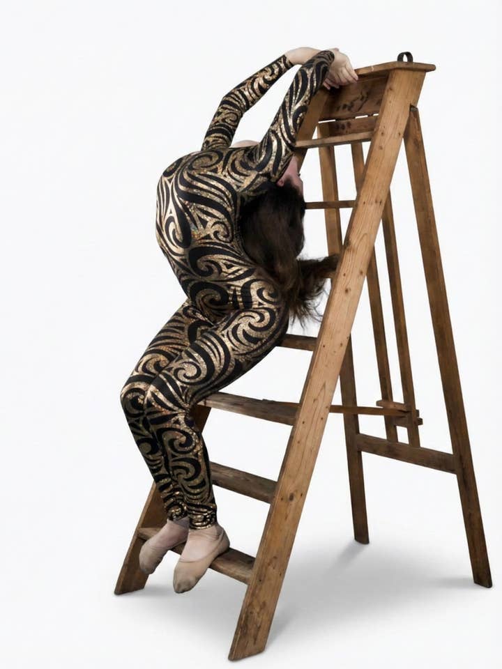 Black Swirl On Holographic Catsuit, Scoop Neck, Full Sleeves for wholesale by Kikimora Fashion