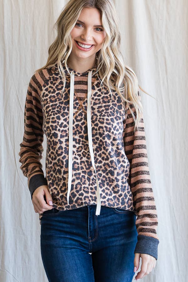 7th Ray – Großhandel Hoodie – Damen – Leopardenstreifen Ärmel Kordelzug Kapuzenpullover T443610