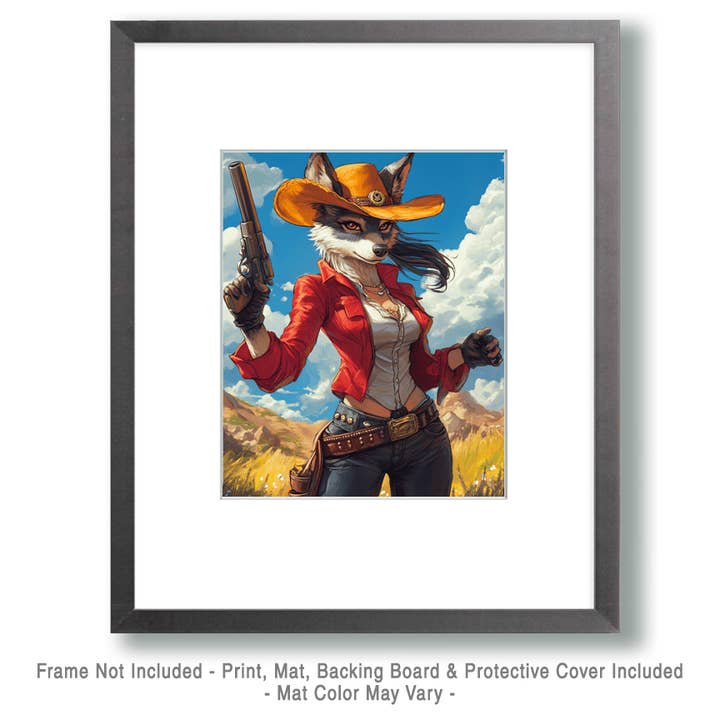 Mowbi - Wholesale Art Print - Quickdraw Wolf Cowgirl - Anthropomorphic Wall Art Prints – 8″x10″ Artwork for 11″x14″ Frame1